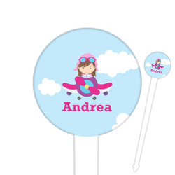 Airplane & Girl Pilot Cocktail Picks - Round Plastic (Personalized)