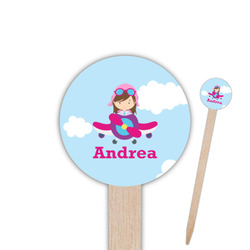 Airplane & Girl Pilot 6" Round Wooden Food Picks - Double Sided (Personalized)