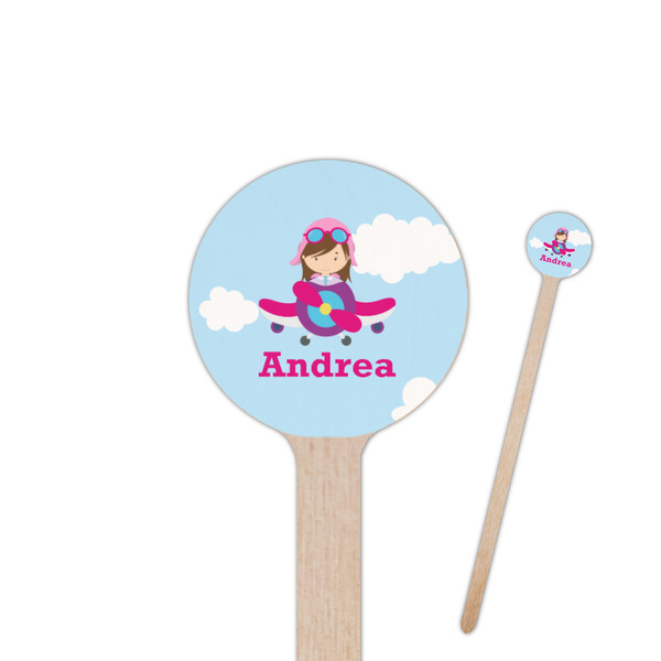 Custom Airplane & Girl Pilot 7.5" Round Wooden Stir Sticks - Double Sided (Personalized)