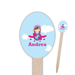 Airplane & Girl Pilot Oval Wooden Food Picks - Double Sided (Personalized)