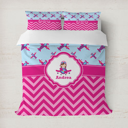 Airplane Theme - for Girls Duvet Cover Set - Full / Queen (Personalized)