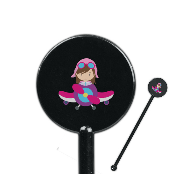 Custom Airplane Theme - for Girls 5.5" Round Plastic Stir Sticks - Black - Single Sided