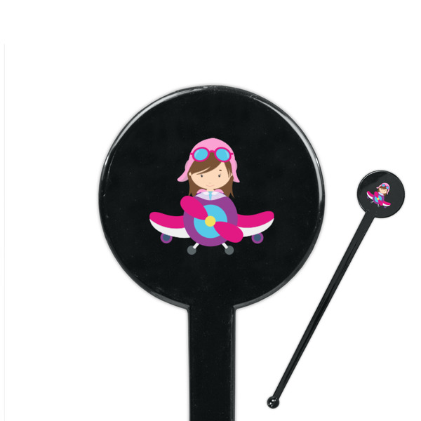 Custom Airplane Theme - for Girls 7" Round Plastic Stir Sticks - Black - Single Sided