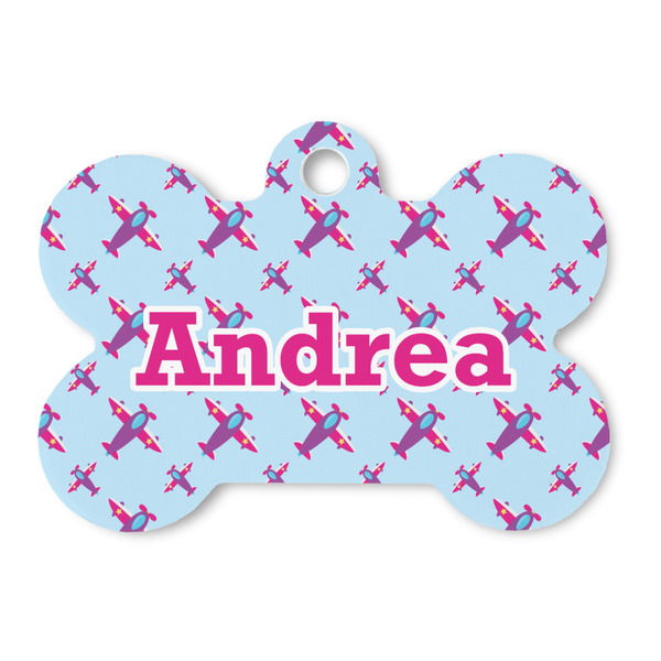 Custom Airplane Theme - for Girls Bone Shaped Dog ID Tag (Personalized)