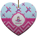 Airplane Theme - for Girls Heart Ceramic Ornament w/ Name or Text