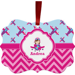 Airplane Theme - for Girls Metal Frame Ornament - Double Sided w/ Name or Text