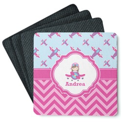 Airplane Theme - for Girls Square Rubber Backed Coasters - Set of 4 (Personalized)