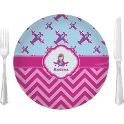 Airplane Theme - for Girls Glass Lunch / Dinner Plate 10" (Personalized)