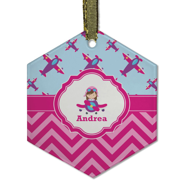 Custom Airplane Theme - for Girls Flat Glass Ornament - Hexagon w/ Name or Text