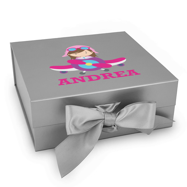 Custom Airplane Theme - for Girls Gift Box with Magnetic Lid - Silver