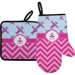 Airplane Theme - for Girls Right Oven Mitt & Pot Holder Set w/ Name or Text