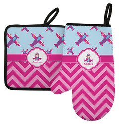 Airplane Theme - for Girls Left Oven Mitt & Pot Holder Set w/ Name or Text