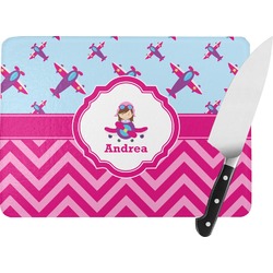 Airplane Theme - for Girls Rectangular Glass Cutting Board - Large - 15.25"x11.25" w/ Name or Text