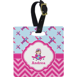 Airplane Theme - for Girls Plastic Luggage Tag - Square w/ Name or Text