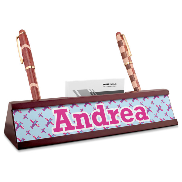 Custom Airplane Theme - for Girls Red Mahogany Nameplate with Business Card Holder (Personalized)