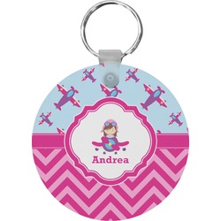 Airplane Theme - for Girls Round Plastic Keychain (Personalized)