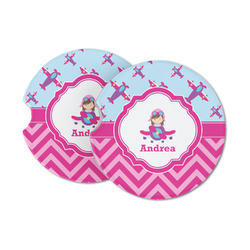Airplane Theme - for Girls Sandstone Car Coasters - Set of 2 (Personalized)