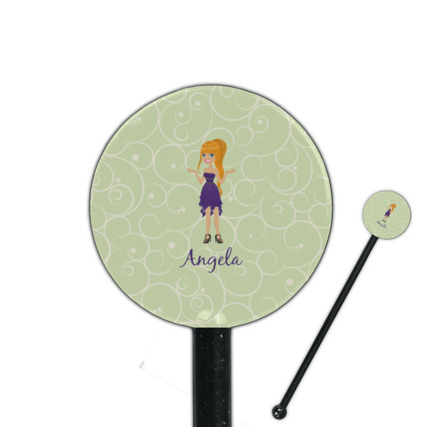 Custom Custom Character (Woman) 5.5" Round Plastic Stir Sticks - Black - Double Sided (Personalized)