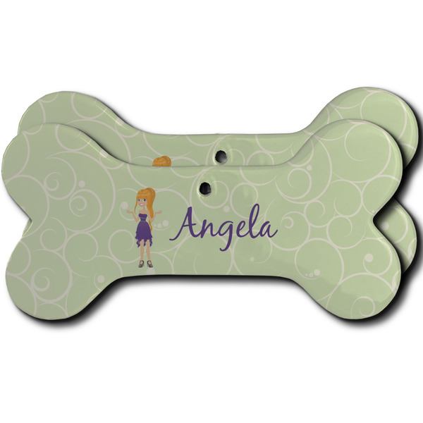 Custom Custom Character (Woman) Ceramic Dog Ornament - Front & Back w/ Name or Text