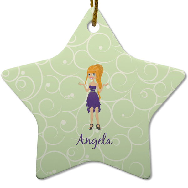 Custom Custom Character (Woman) Star Ceramic Ornament w/ Name or Text