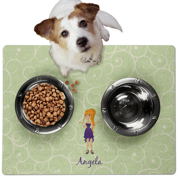 Custom Custom Character (Woman) Dog Food Mat - Medium w/ Name or Text