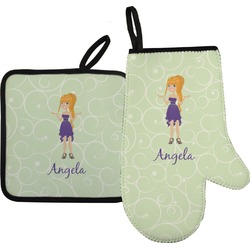 Custom Character (Woman) Right Oven Mitt & Pot Holder Set w/ Name or Text