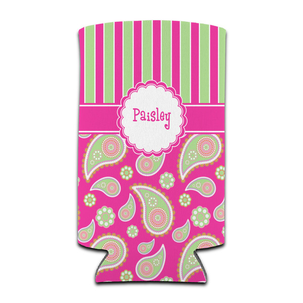 Custom Pink & Green Paisley and Stripes Can Cooler (tall 12 oz) (Personalized)