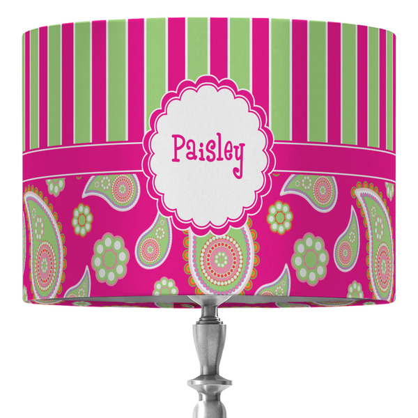 Custom Pink & Green Paisley and Stripes 16" Drum Lamp Shade - Fabric (Personalized)