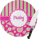 Pink & Green Paisley and Stripes Round Glass Cutting Board - Small (Personalized)