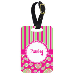 Pink & Green Paisley and Stripes Metal Luggage Tag w/ Name or Text