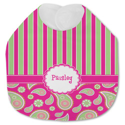 Pink & Green Paisley and Stripes Jersey Knit Baby Bib w/ Name or Text