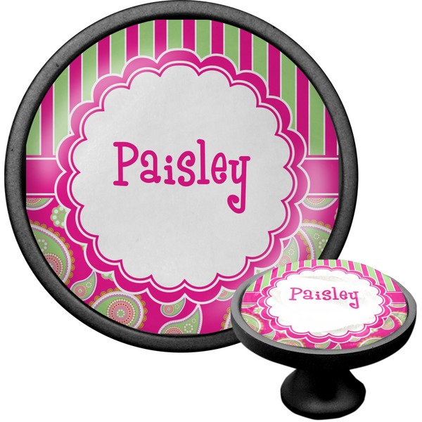 Custom Pink & Green Paisley and Stripes Cabinet Knob (Black) (Personalized)