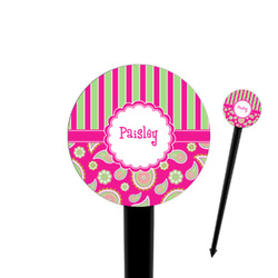 Pink & Green Paisley and Stripes 4" Round Plastic Food Picks - Black - Double Sided (Personalized)