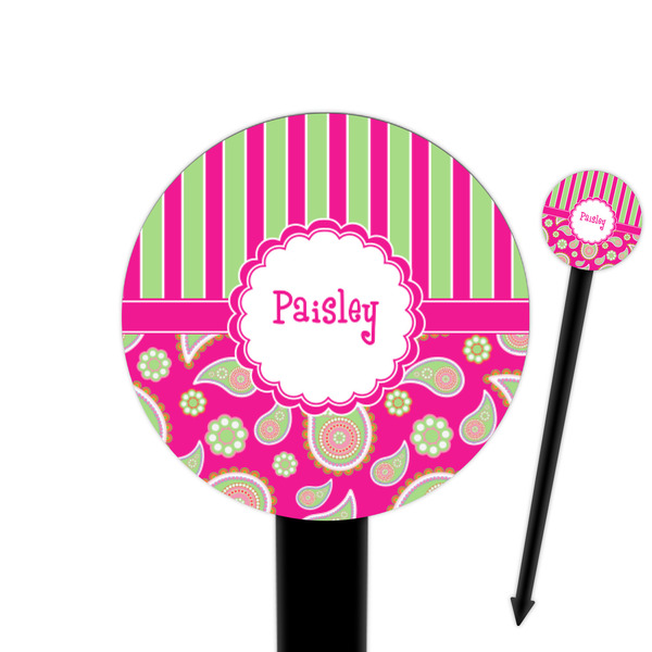 Custom Pink & Green Paisley and Stripes 6" Round Plastic Food Picks - Black - Single Sided (Personalized)