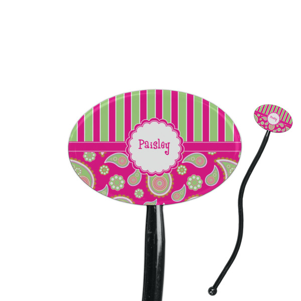 Custom Pink & Green Paisley and Stripes 7" Oval Plastic Stir Sticks - Black - Double Sided (Personalized)