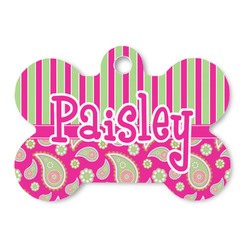 Pink & Green Paisley and Stripes Bone Shaped Dog ID Tag - Large (Personalized)