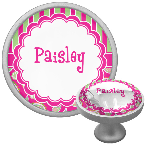 Custom Pink & Green Paisley and Stripes Cabinet Knob (Silver) (Personalized)