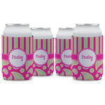 Pink & Green Paisley and Stripes Can Cooler (12 oz) - Set of 4 w/ Name or Text