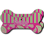 Pink & Green Paisley and Stripes Ceramic Dog Ornament - Front & Back w/ Name or Text