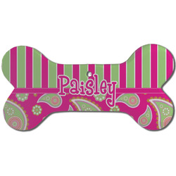 Pink & Green Paisley and Stripes Ceramic Dog Ornament - Front w/ Name or Text