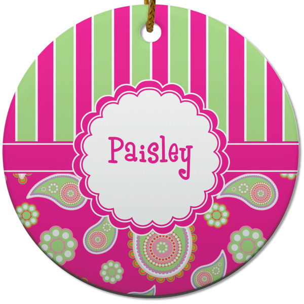 Custom Pink & Green Paisley and Stripes Round Ceramic Ornament w/ Name or Text