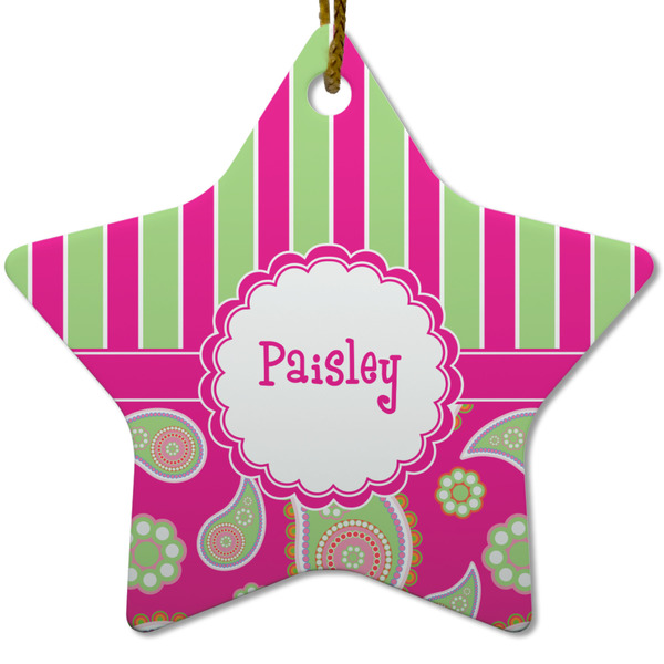 Custom Pink & Green Paisley and Stripes Star Ceramic Ornament w/ Name or Text