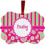 Pink & Green Paisley and Stripes Metal Frame Ornament - Double Sided w/ Name or Text