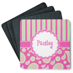 Pink & Green Paisley and Stripes Square Rubber Backed Coasters - Set of 4 (Personalized)