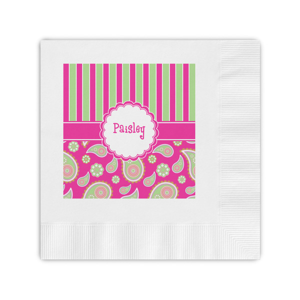 Custom Pink & Green Paisley and Stripes Coined Cocktail Napkins (Personalized)