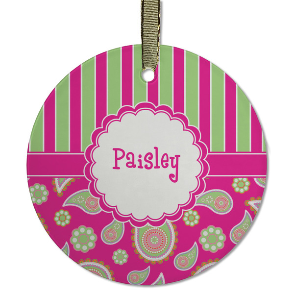 Custom Pink & Green Paisley and Stripes Flat Glass Ornament - Round w/ Name or Text