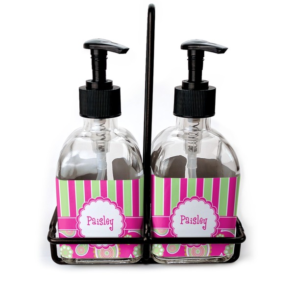 Custom Pink & Green Paisley and Stripes Glass Soap & Lotion Bottle Set (Personalized)