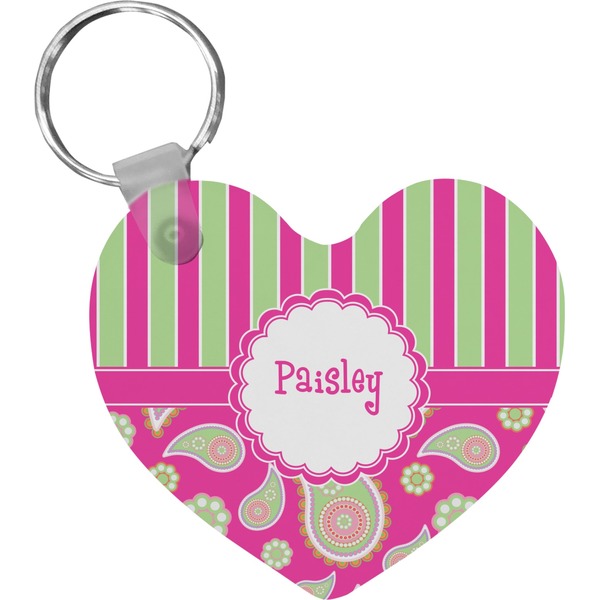 Custom Pink & Green Paisley and Stripes Heart Plastic Keychain w/ Name or Text