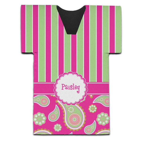 Custom Pink & Green Paisley and Stripes Jersey Bottle Cooler (Personalized)