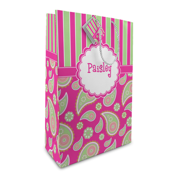 Custom Pink & Green Paisley and Stripes Large Gift Bag (Personalized)